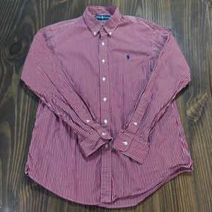 RALPH LAUREN Mens Button Down Shirt Large Red White Stripe Classic Oxford Top